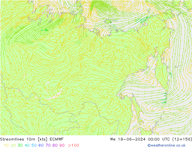 Stroomlijn 10m ECMWF wo 19.06.2024 00 UTC