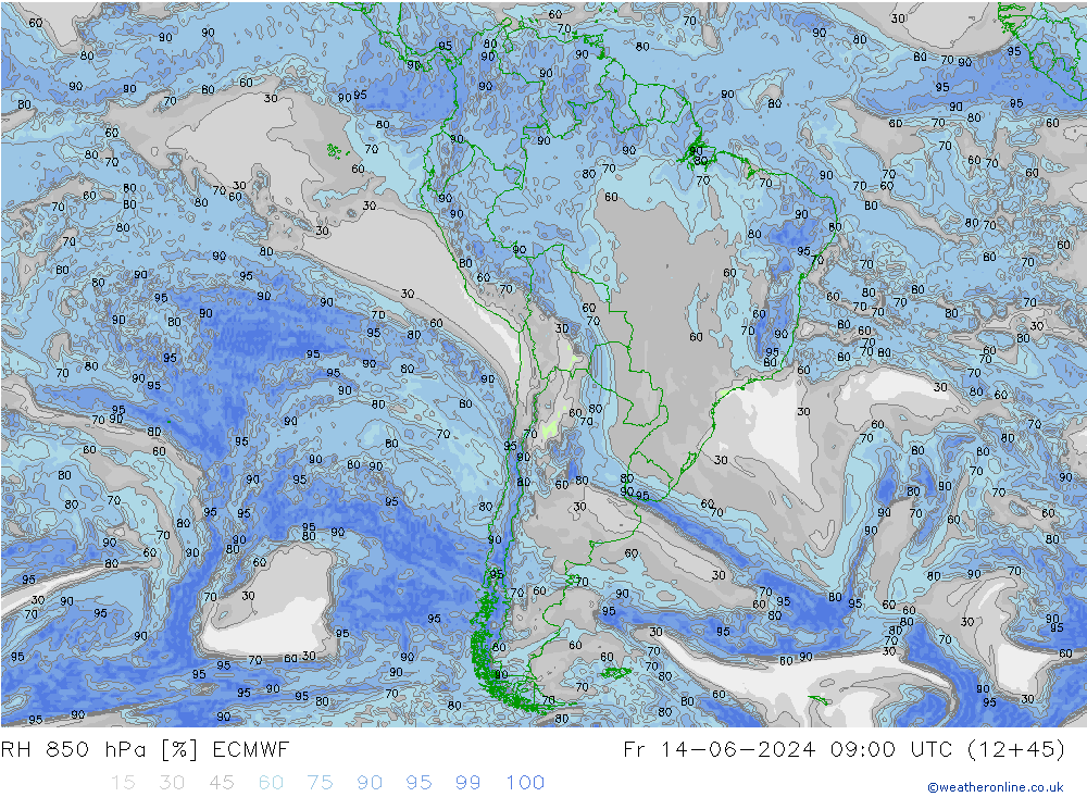 RH 850 hPa ECMWF Pá 14.06.2024 09 UTC