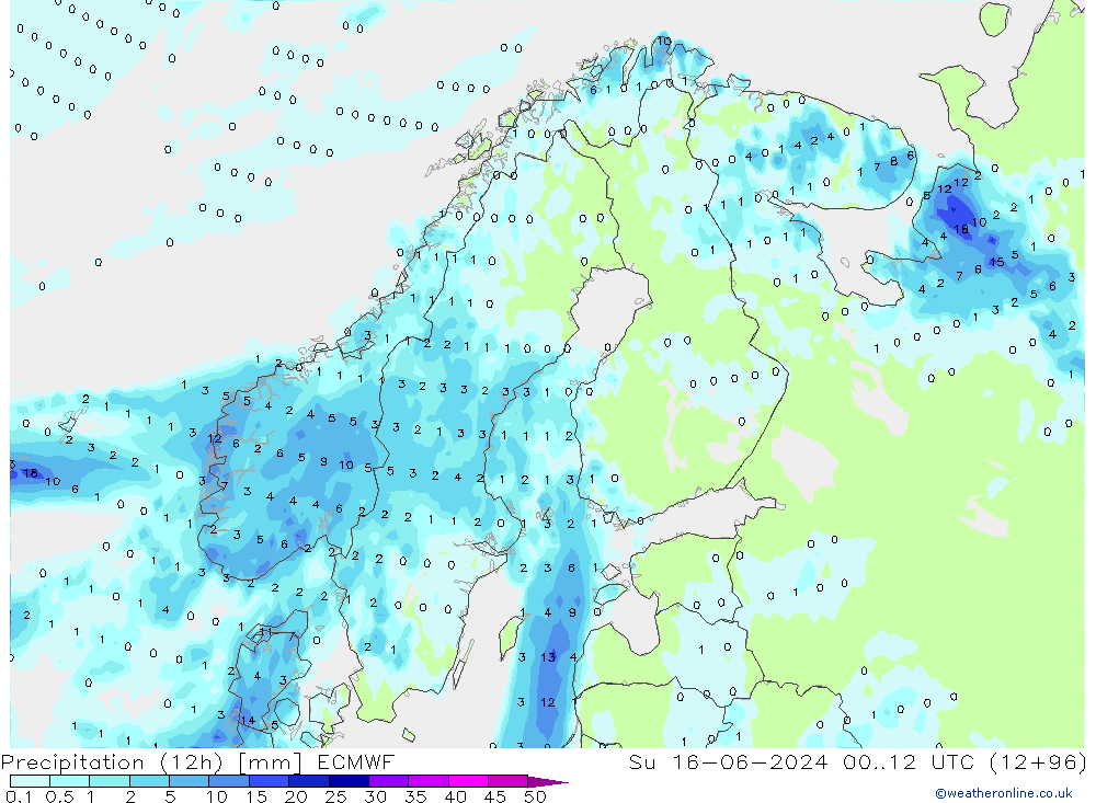 Precipitazione (12h) ECMWF dom 16.06.2024 12 UTC