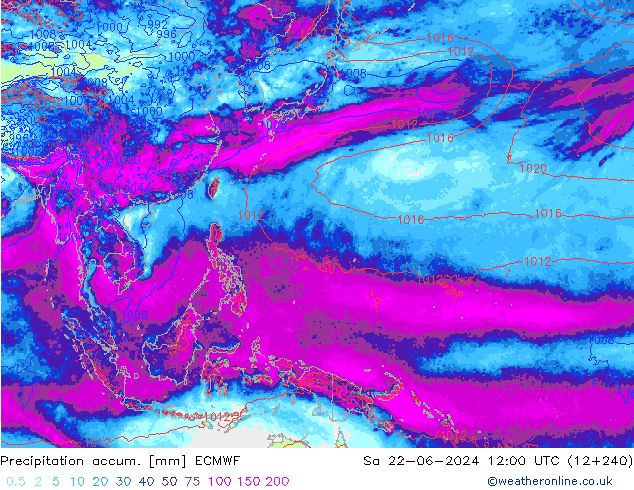 Precipitation accum. ECMWF sab 22.06.2024 12 UTC