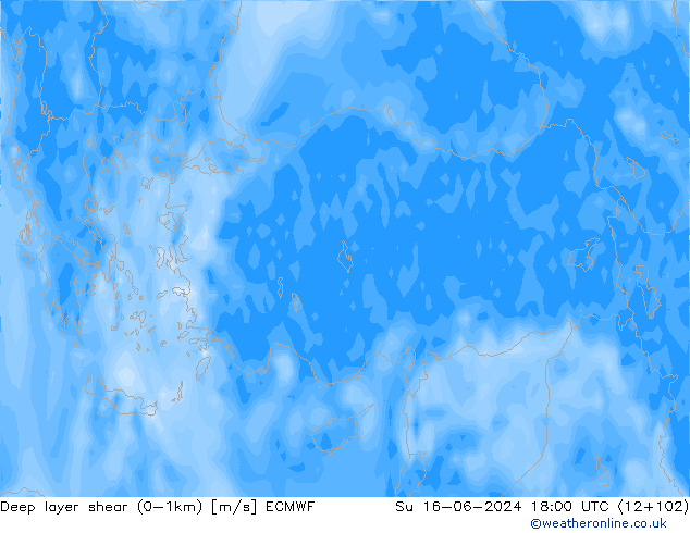 Deep layer shear (0-1km) ECMWF dom 16.06.2024 18 UTC