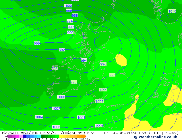 Dikte 850-1000 hPa ECMWF vr 14.06.2024 06 UTC