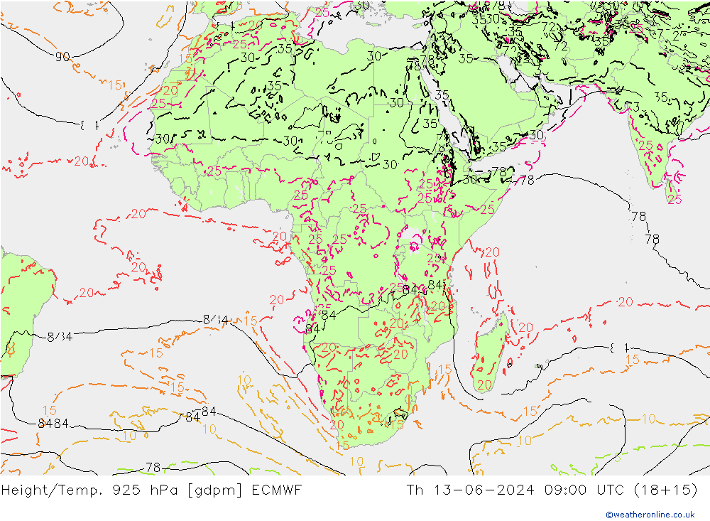 Geop./Temp. 925 hPa ECMWF jue 13.06.2024 09 UTC