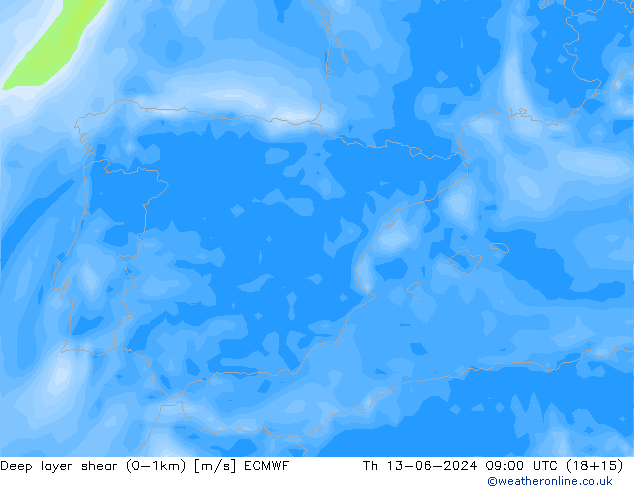 Deep layer shear (0-1km) ECMWF Čt 13.06.2024 09 UTC
