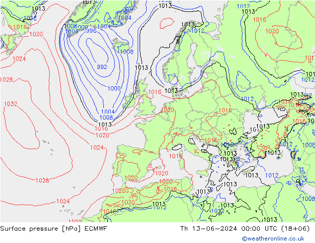 Presión superficial ECMWF jue 13.06.2024 00 UTC
