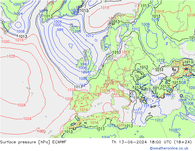 地面气压 ECMWF 星期四 13.06.2024 18 UTC