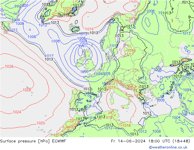 Surface pressure ECMWF Fr 14.06.2024 18 UTC