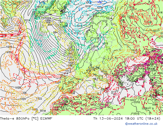 Theta-e 850hPa ECMWF Do 13.06.2024 18 UTC