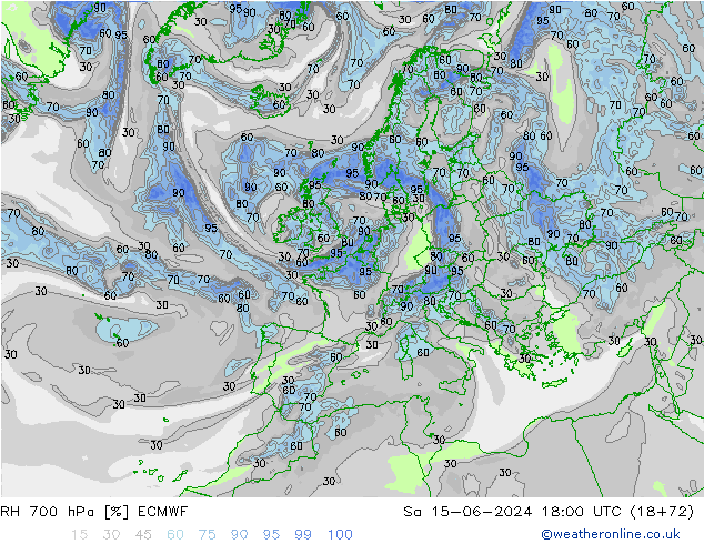 Humedad rel. 700hPa ECMWF sáb 15.06.2024 18 UTC