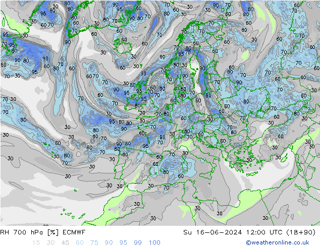 Humedad rel. 700hPa ECMWF dom 16.06.2024 12 UTC