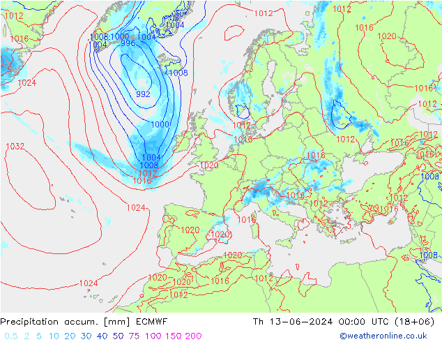 Precipitation accum. ECMWF gio 13.06.2024 00 UTC