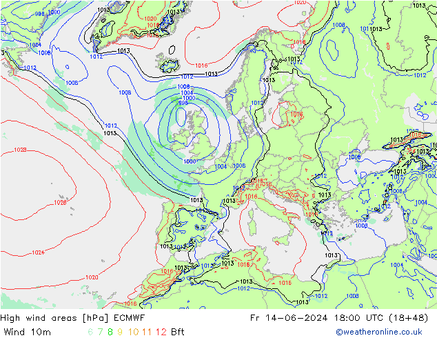 High wind areas ECMWF Fr 14.06.2024 18 UTC