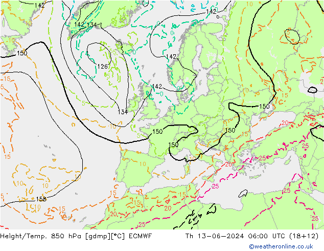 Z500/Rain (+SLP)/Z850 ECMWF Čt 13.06.2024 06 UTC