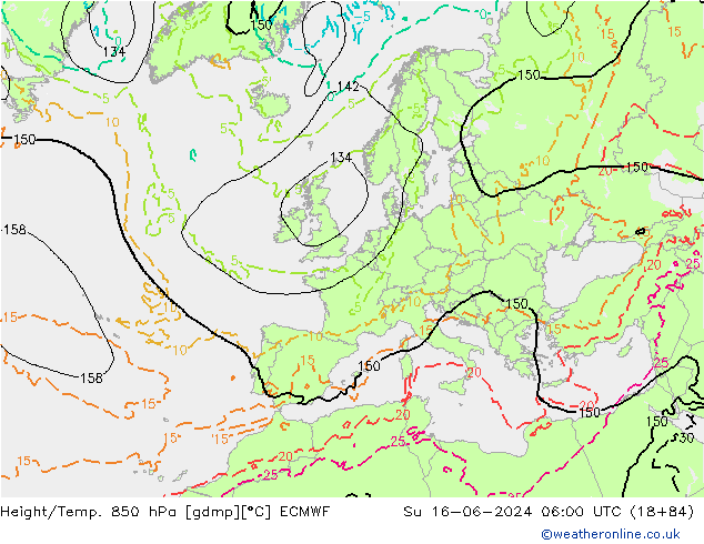Hoogte/Temp. 850 hPa ECMWF zo 16.06.2024 06 UTC