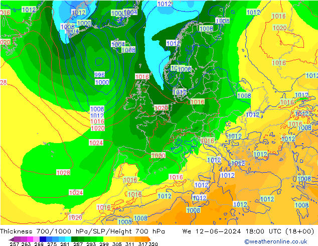 Espesor 700-1000 hPa ECMWF mié 12.06.2024 18 UTC