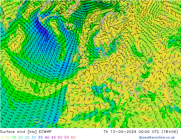 wiatr 10 m ECMWF czw. 13.06.2024 00 UTC