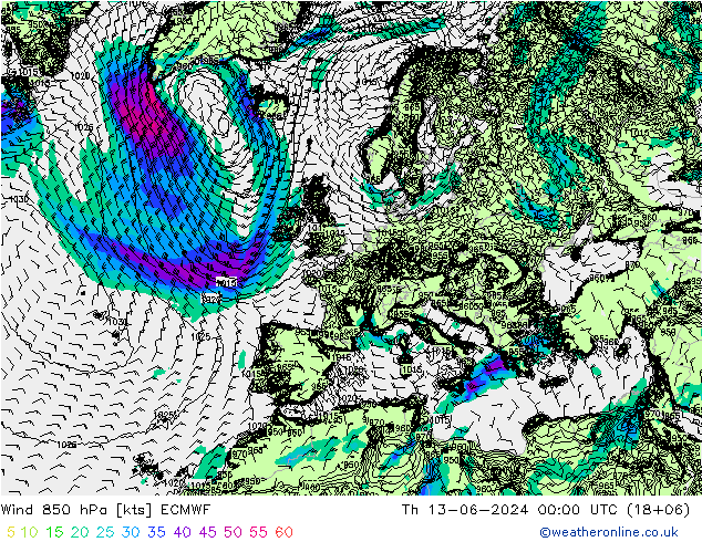 Wind 850 hPa ECMWF Do 13.06.2024 00 UTC