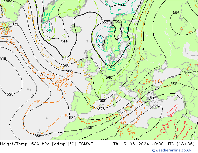 Z500/Rain (+SLP)/Z850 ECMWF jue 13.06.2024 00 UTC