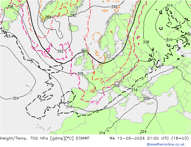 Hoogte/Temp. 700 hPa ECMWF wo 12.06.2024 21 UTC