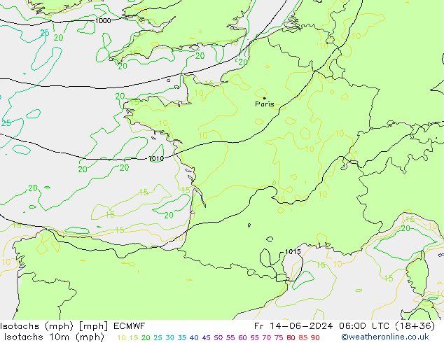 Isotachs (mph) ECMWF Fr 14.06.2024 06 UTC