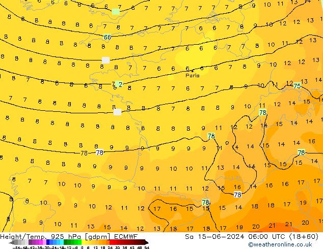 Height/Temp. 925 hPa ECMWF Sáb 15.06.2024 06 UTC