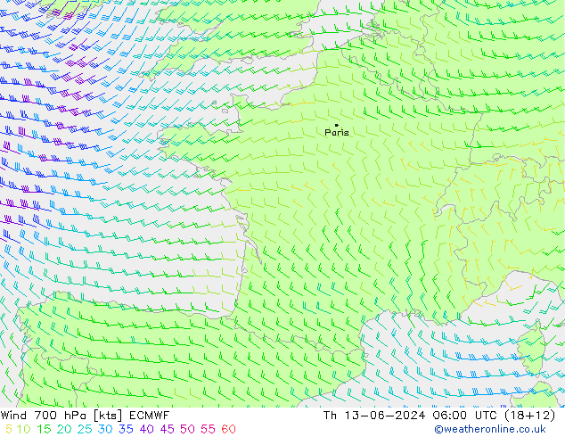 Wind 700 hPa ECMWF Do 13.06.2024 06 UTC