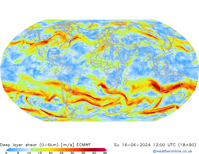 Deep layer shear (0-6km) ECMWF Dom 16.06.2024 12 UTC