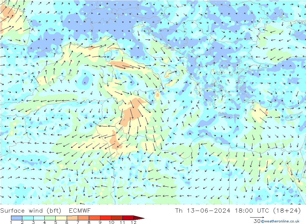  10 m (bft) ECMWF  13.06.2024 18 UTC