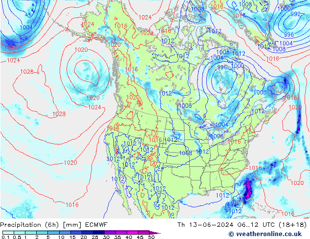 Z500/Rain (+SLP)/Z850 ECMWF Čt 13.06.2024 12 UTC