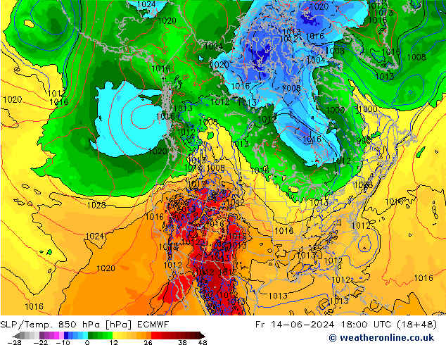 SLP/Temp. 850 hPa ECMWF pt. 14.06.2024 18 UTC