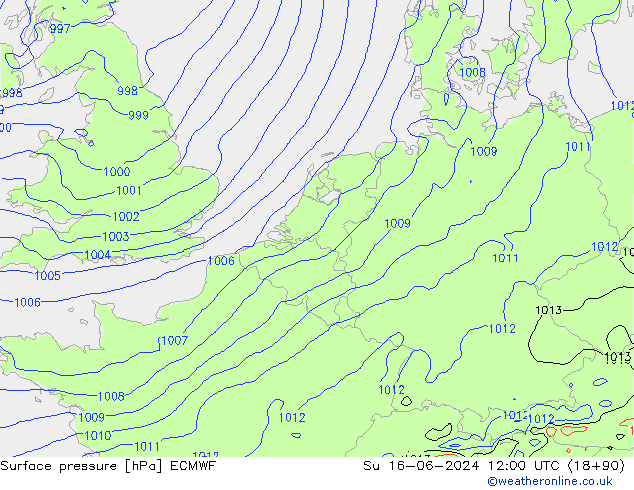 Atmosférický tlak ECMWF Ne 16.06.2024 12 UTC
