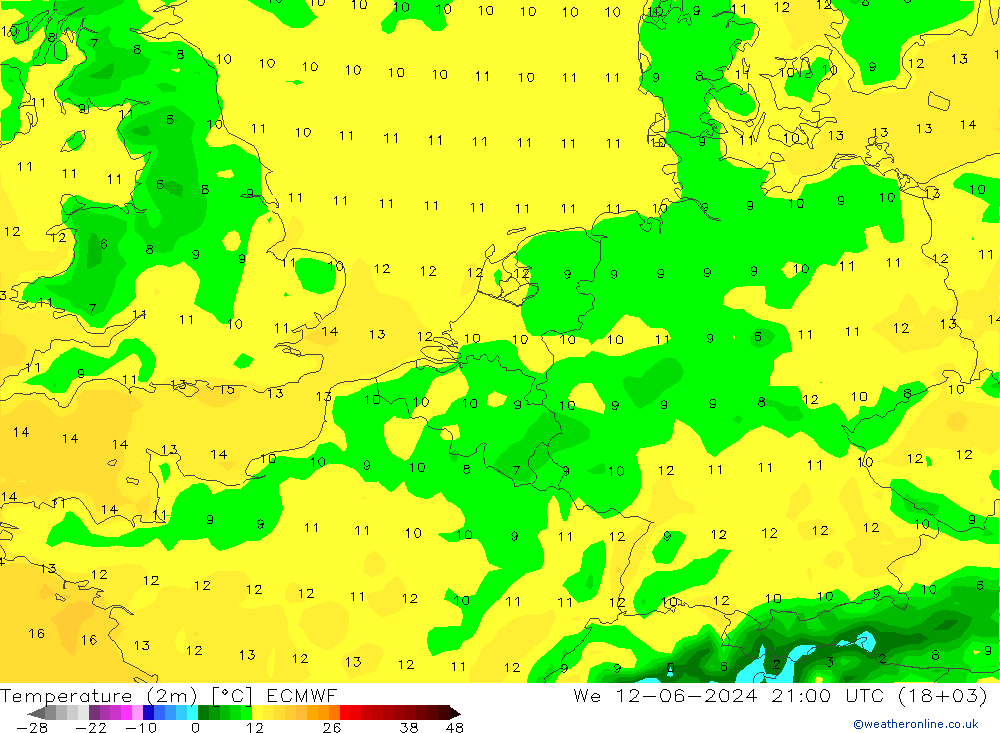 température (2m) ECMWF mer 12.06.2024 21 UTC