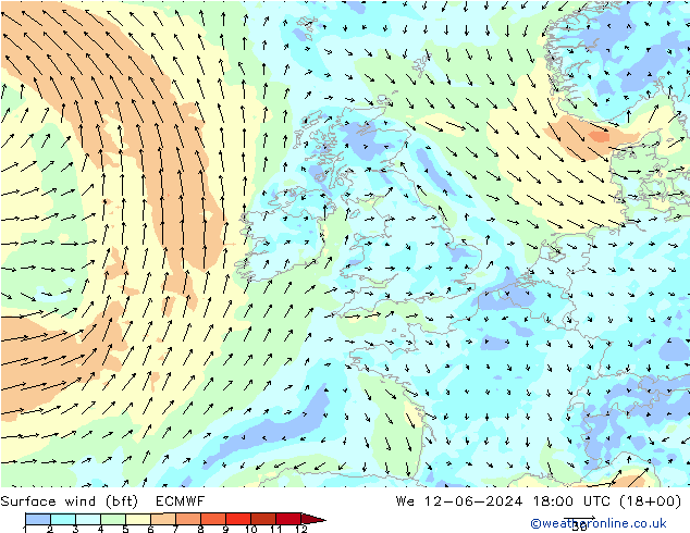 Surface wind (bft) ECMWF We 12.06.2024 18 UTC