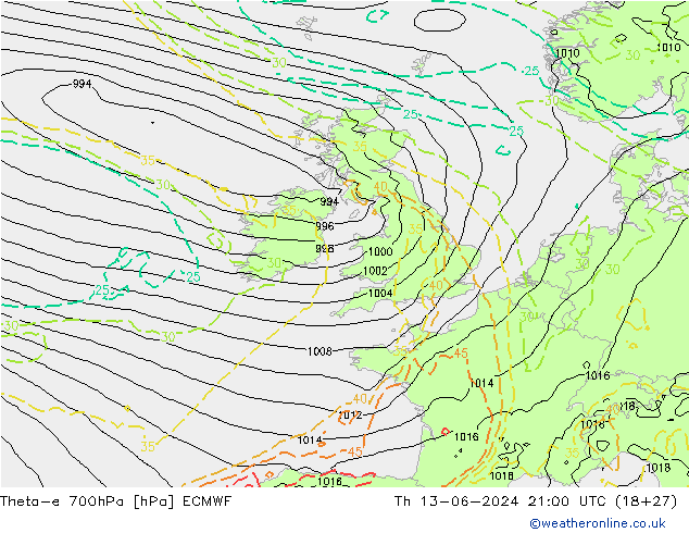 Theta-e 700hPa ECMWF czw. 13.06.2024 21 UTC