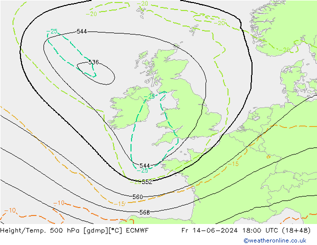 Z500/Rain (+SLP)/Z850 ECMWF Pá 14.06.2024 18 UTC