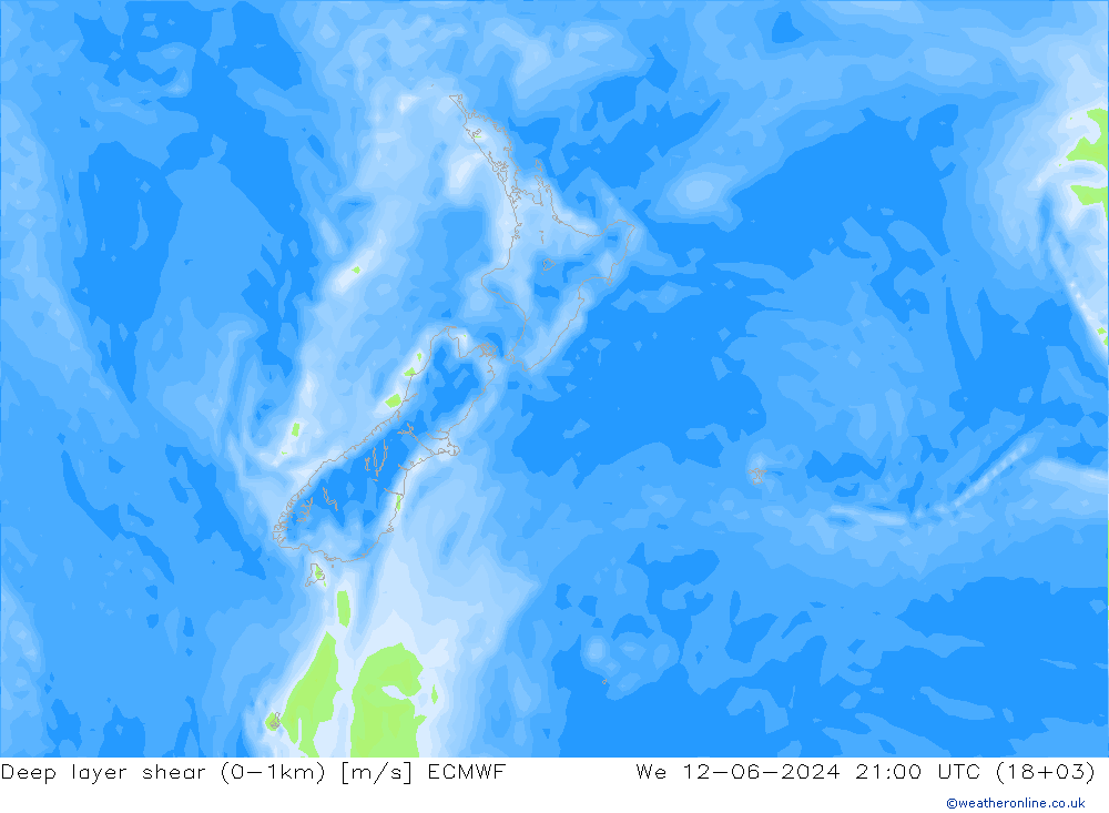 Deep layer shear (0-1km) ECMWF We 12.06.2024 21 UTC