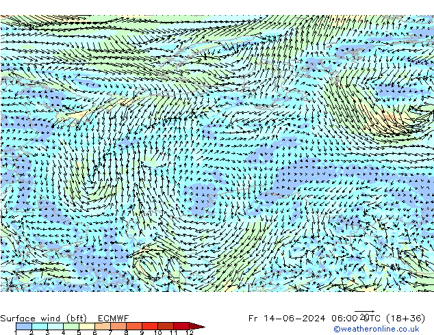 Surface wind (bft) ECMWF Fr 14.06.2024 06 UTC
