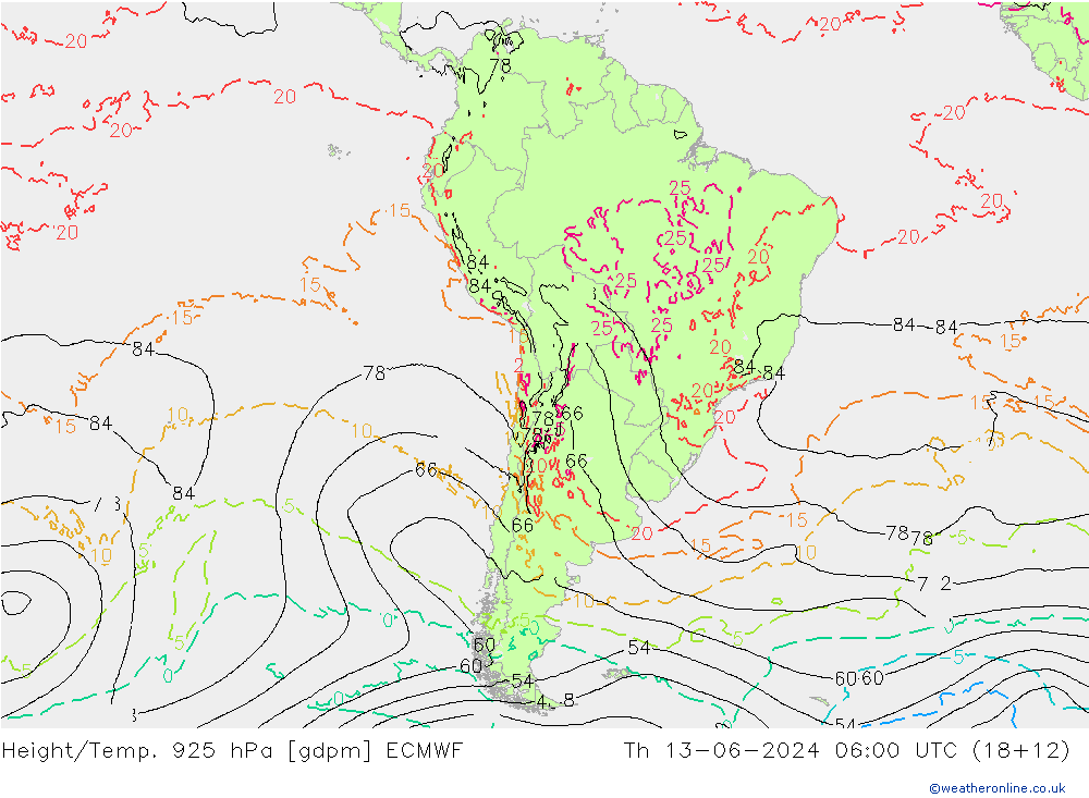 Height/Temp. 925 hPa ECMWF Th 13.06.2024 06 UTC