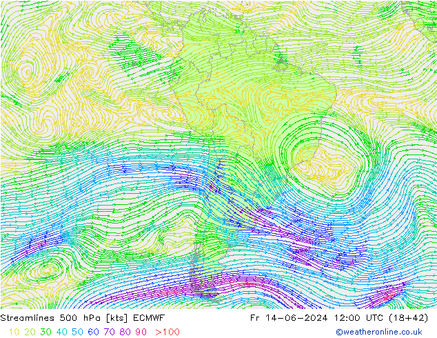 Linia prądu 500 hPa ECMWF pt. 14.06.2024 12 UTC