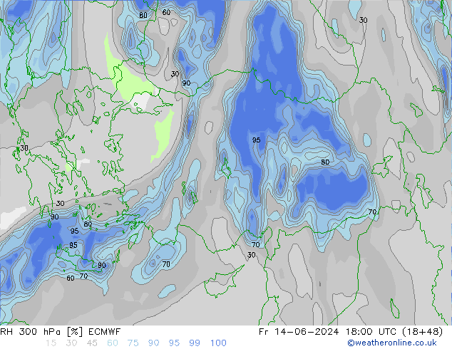 RH 300 гПа ECMWF пт 14.06.2024 18 UTC