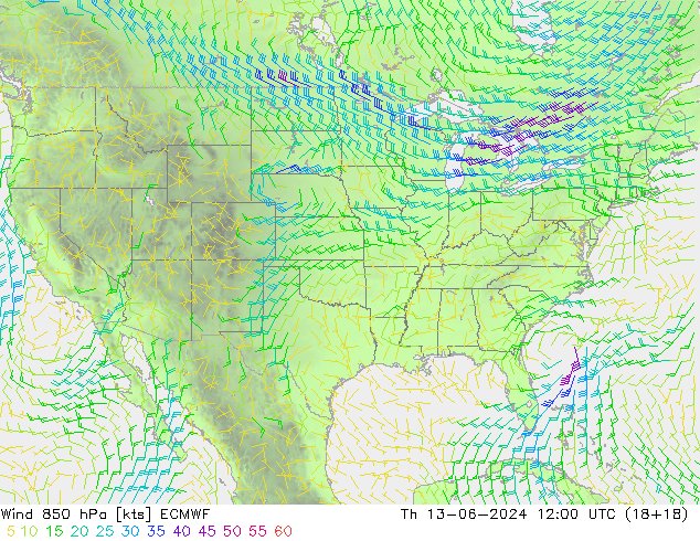 wiatr 850 hPa ECMWF czw. 13.06.2024 12 UTC