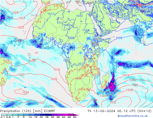 Precipitation (12h) ECMWF Čt 13.06.2024 12 UTC