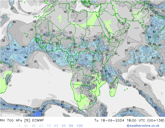 Humidité rel. 700 hPa ECMWF mar 18.06.2024 18 UTC
