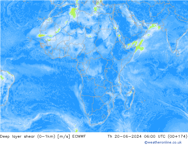 Deep layer shear (0-1km) ECMWF чт 20.06.2024 06 UTC