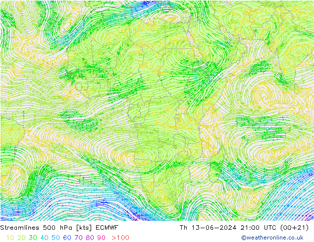 ветер 500 гПа ECMWF чт 13.06.2024 21 UTC