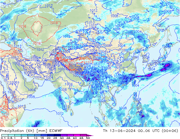 Z500/Rain (+SLP)/Z850 ECMWF Čt 13.06.2024 06 UTC