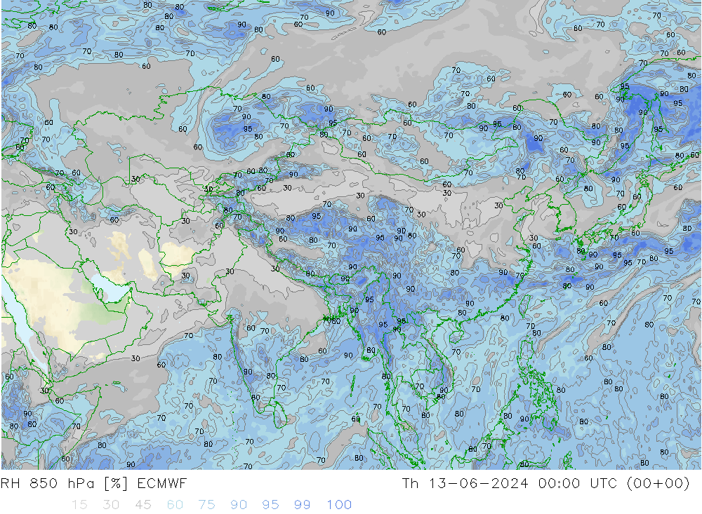 Humedad rel. 850hPa ECMWF jue 13.06.2024 00 UTC