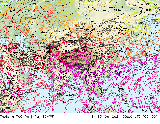 Theta-e 700hPa ECMWF gio 13.06.2024 00 UTC
