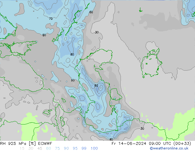 RH 925 hPa ECMWF Sex 14.06.2024 09 UTC