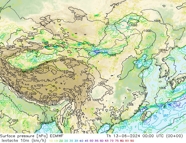 Isotachs (kph) ECMWF Čt 13.06.2024 00 UTC